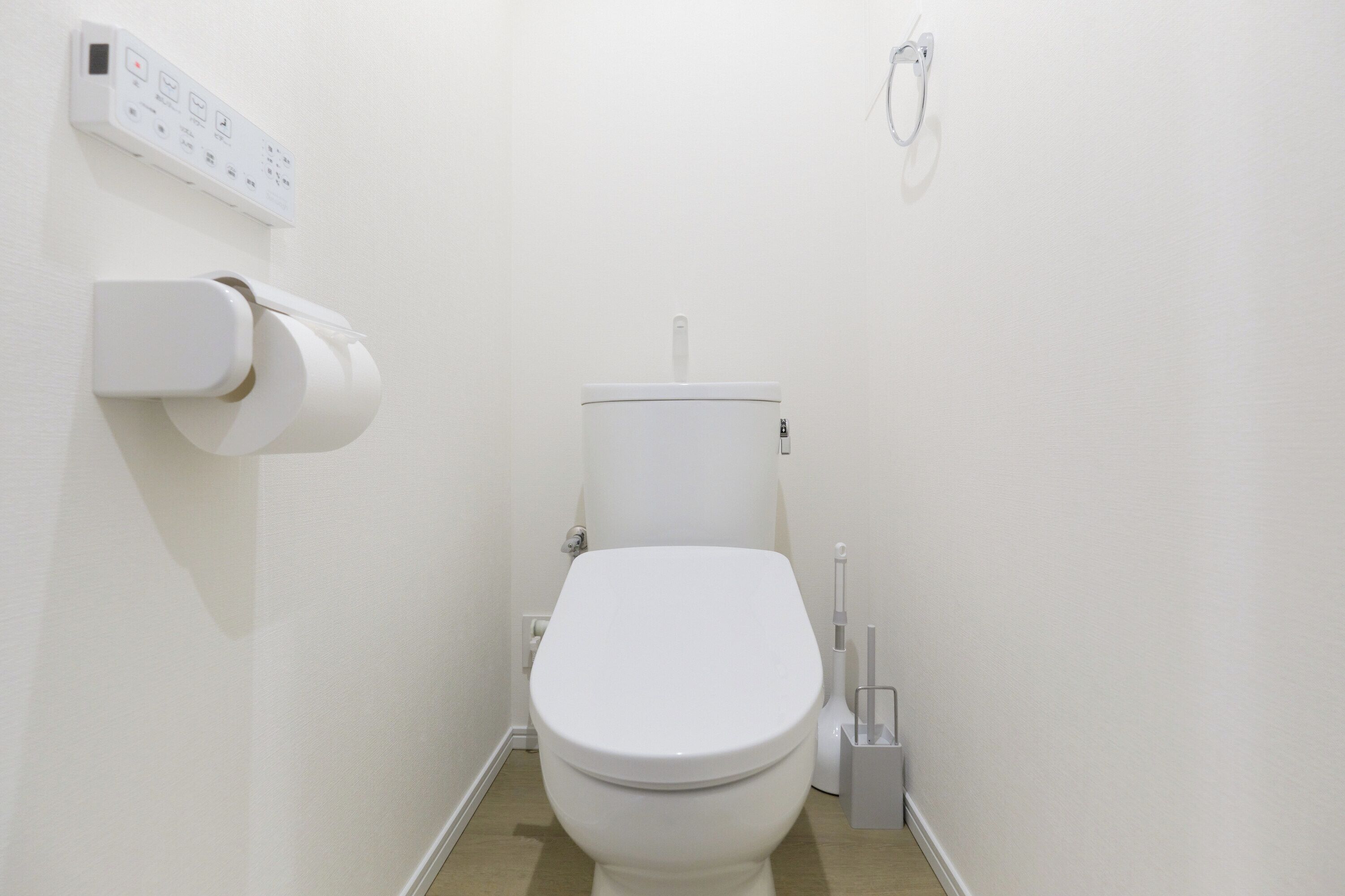 Des toilettes blanches dotées d’une poignée de chasse d’eau, d’un porte-rouleau de papier toilette et d’un accessoire de type bidet.