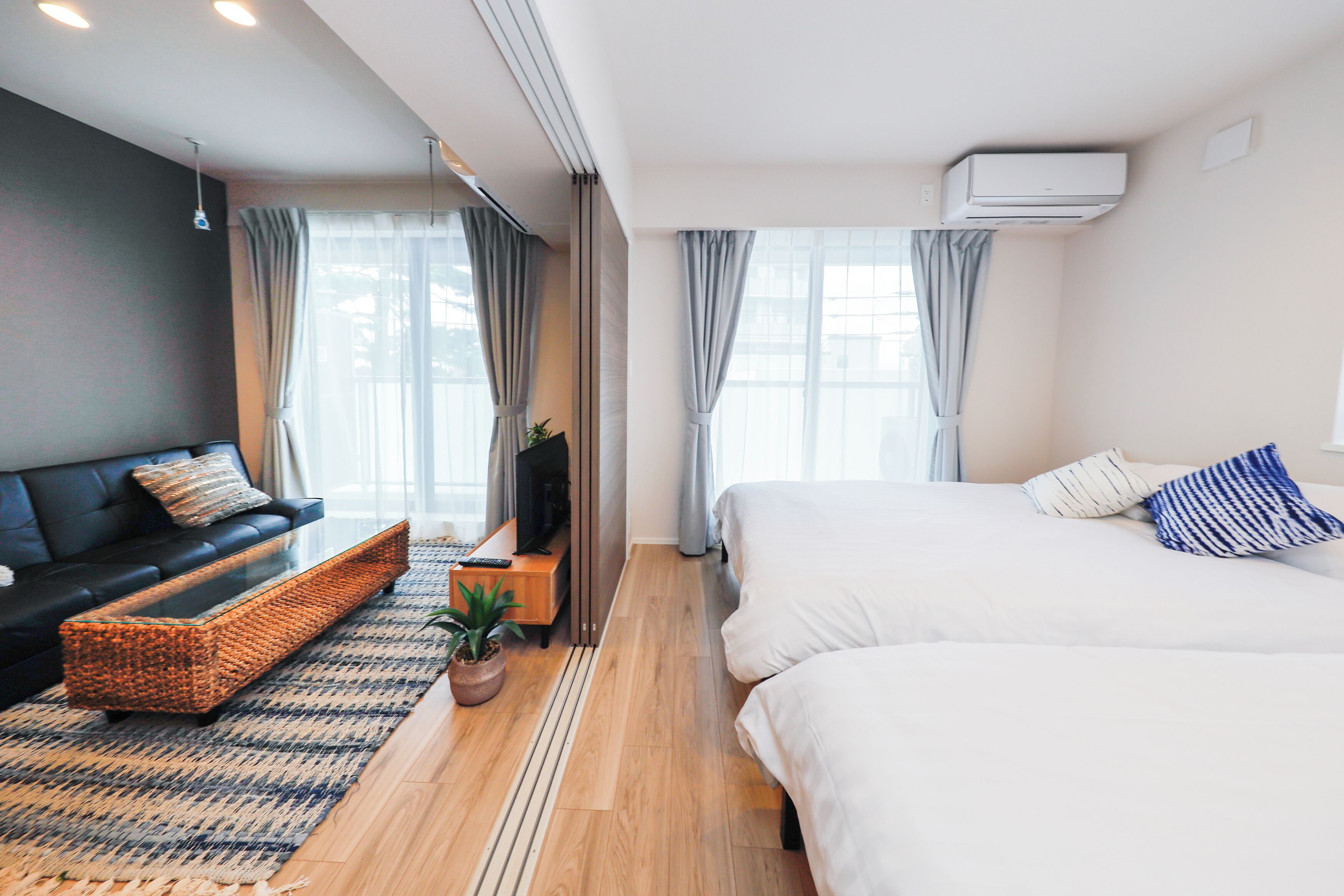 A modern hotel room with a sofa, a bed, a TV, and a potted plant.