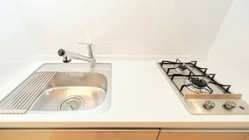 Fridge, microwave, stovetop, cookware/dishes/utensils
