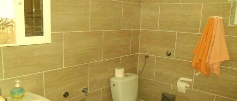Een badkamer met toilet, wastafel en handdoekhouder.