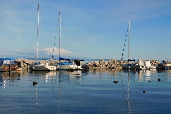 Ein Yachthafen mit mehreren Segelbooten, ruhigem Wasser und einer felsigen Küste.