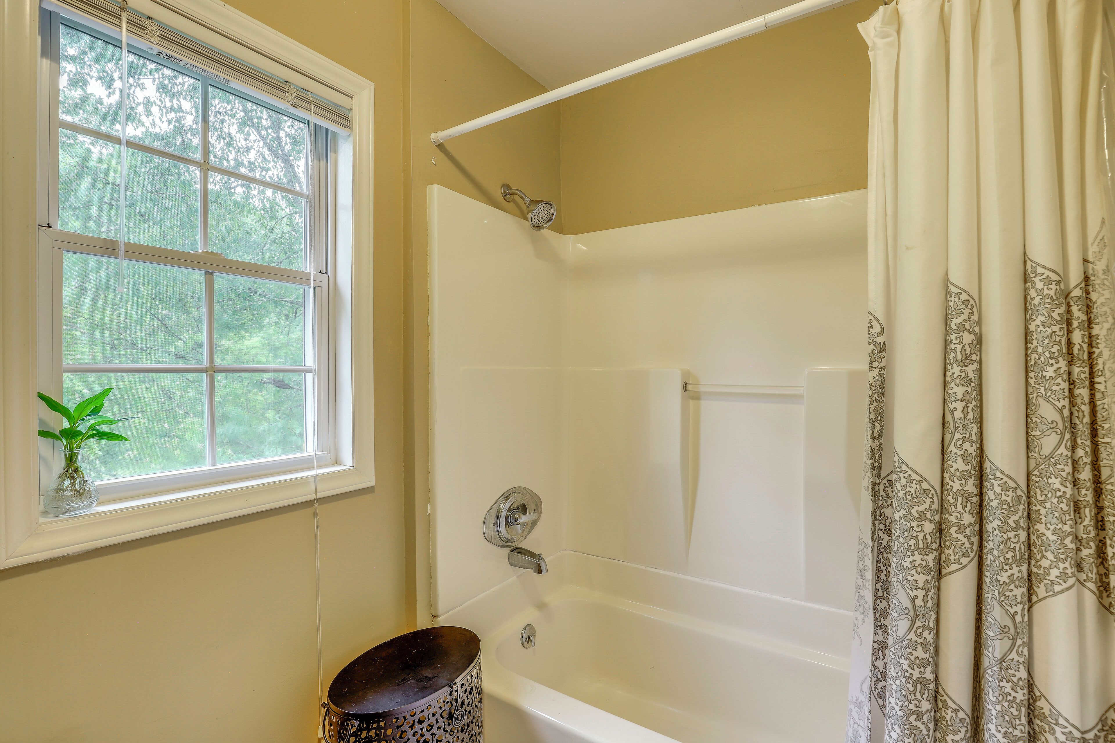Une salle de bain avec une baignoire, une fenêtre agrémentée d’une plante et un rideau de douche.