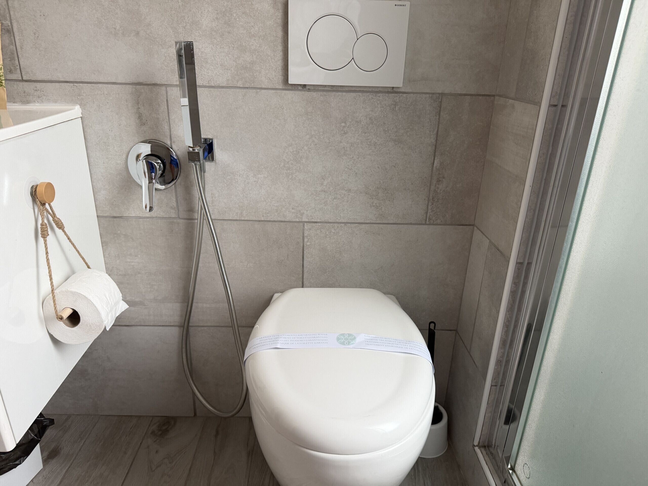 A bathroom with a toilet, a shower, and a toilet paper holder.