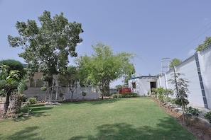 A well-maintained lawn with a large tree, a metal gate, and a building with a white exterior. - Ananda Farm (Rewari)
