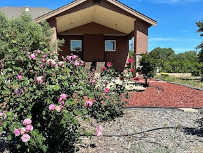 A house with a covered porch, a garden with rose bushes, and a red mulch ground cover.