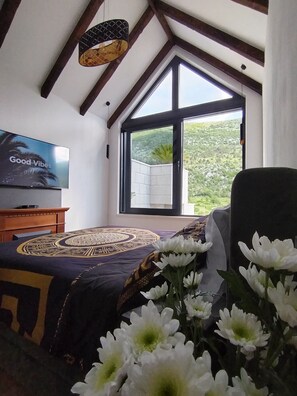 Een slaapkamer met een bed, een televisie, een raam en uitzicht op groen.