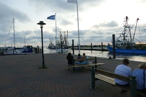 Eine Uferpromenade mit Bänken, einer Flagge und vertäuten Booten.