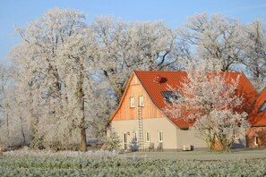 Ein Haus mit geneigtem Dach, Holzfassade und einer Leiter an der Seite.