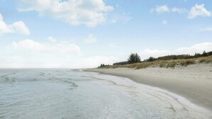 Une plage aux vagues douces, un rivage sablonneux et une rangée d’arbres en arrière-plan.
