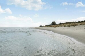 A beach with gentle waves, a sandy shore, and a line of trees in the background. - Country farmhouse close to the beach (Hals)