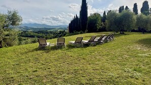 A grassy outdoor area with lounge chairs and a table, overlooking a scenic landscape with trees and distant hills. - Luxury Villa with Panoramic Terrace - 5 rooms (Toscana)