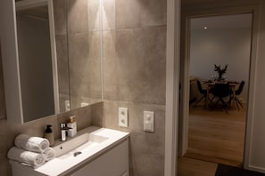 Un bagno con lavandino, specchio e portasciuga. Si intravede anche una zona pranzo sullo sfondo.