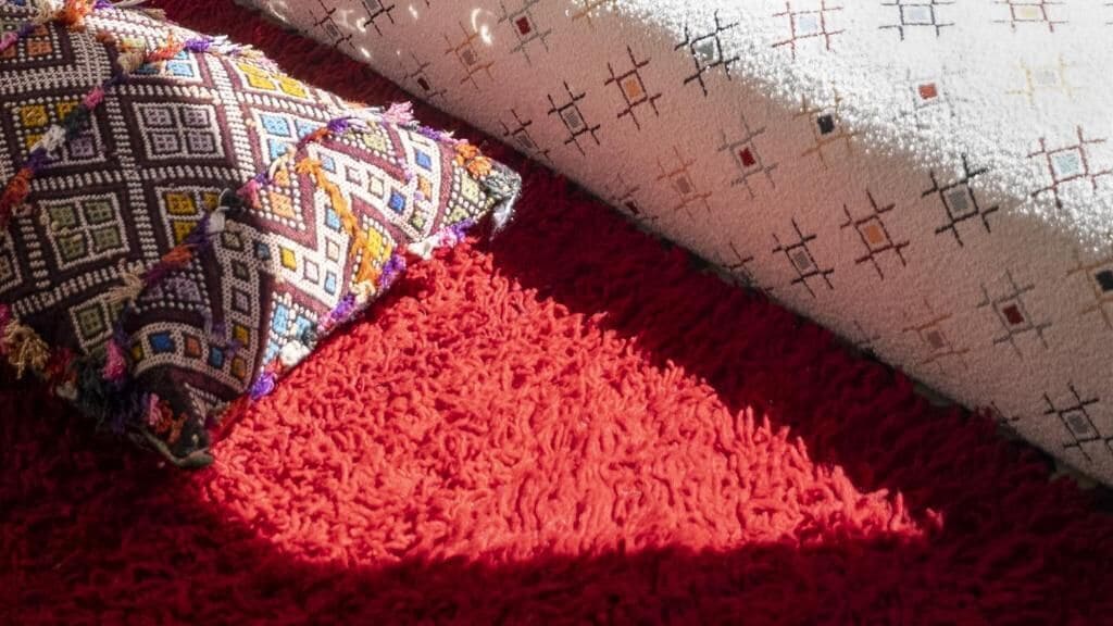 A red carpet with a patterned pillow and a patterned wall.