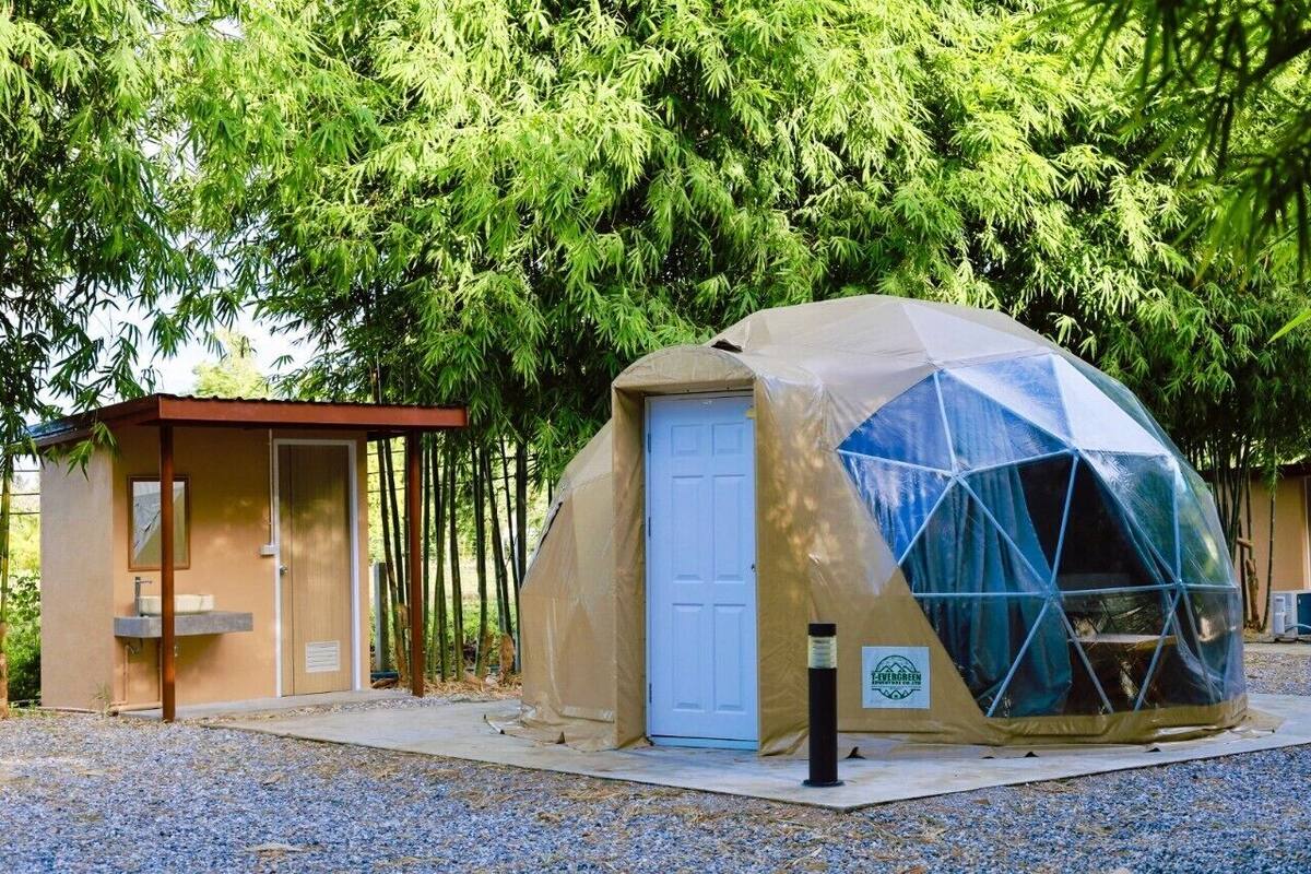 A geodesic dome structure with a door and a small attached building with a sink.