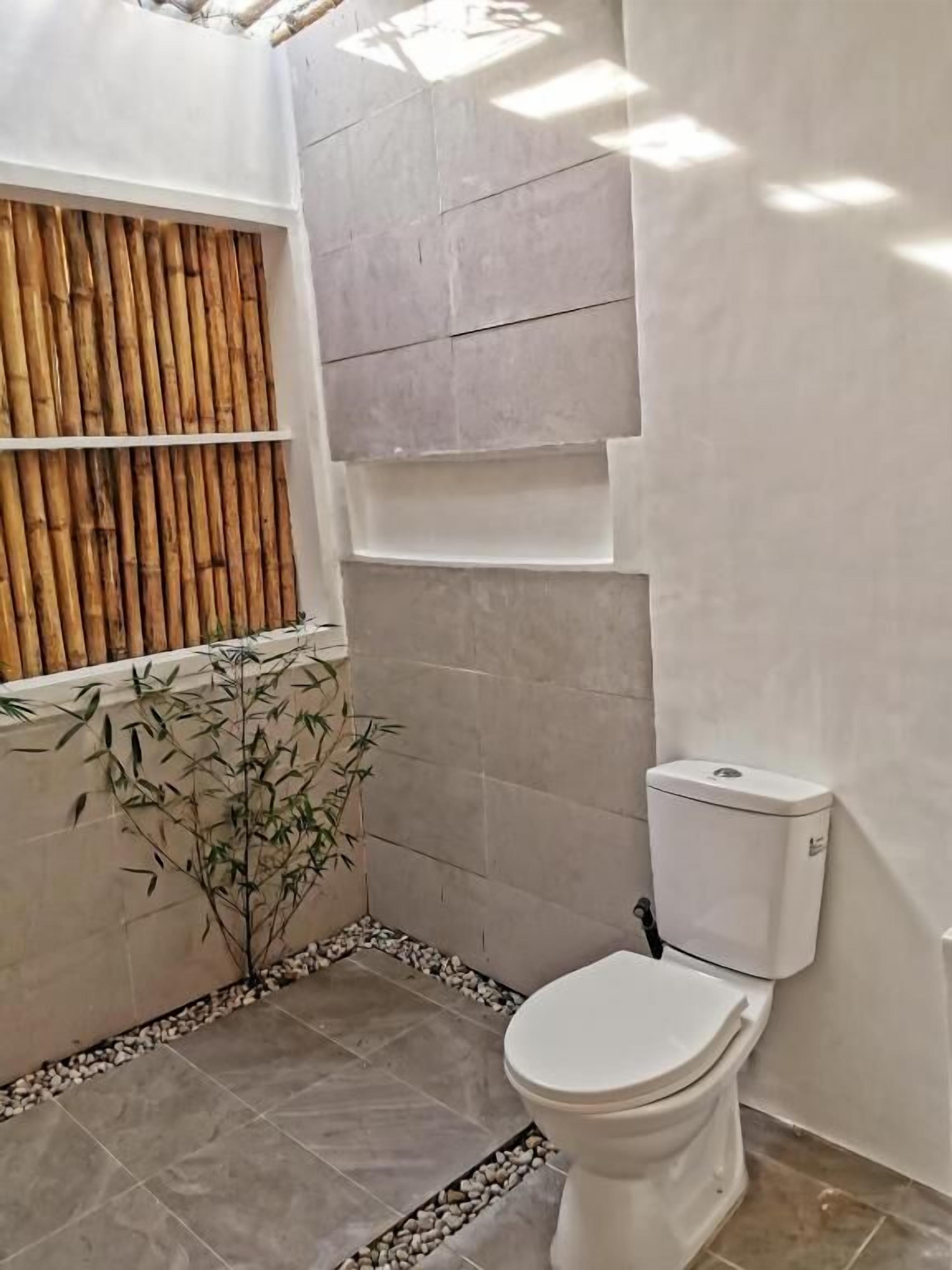 A bathroom with a toilet, a bamboo plant, and a window.