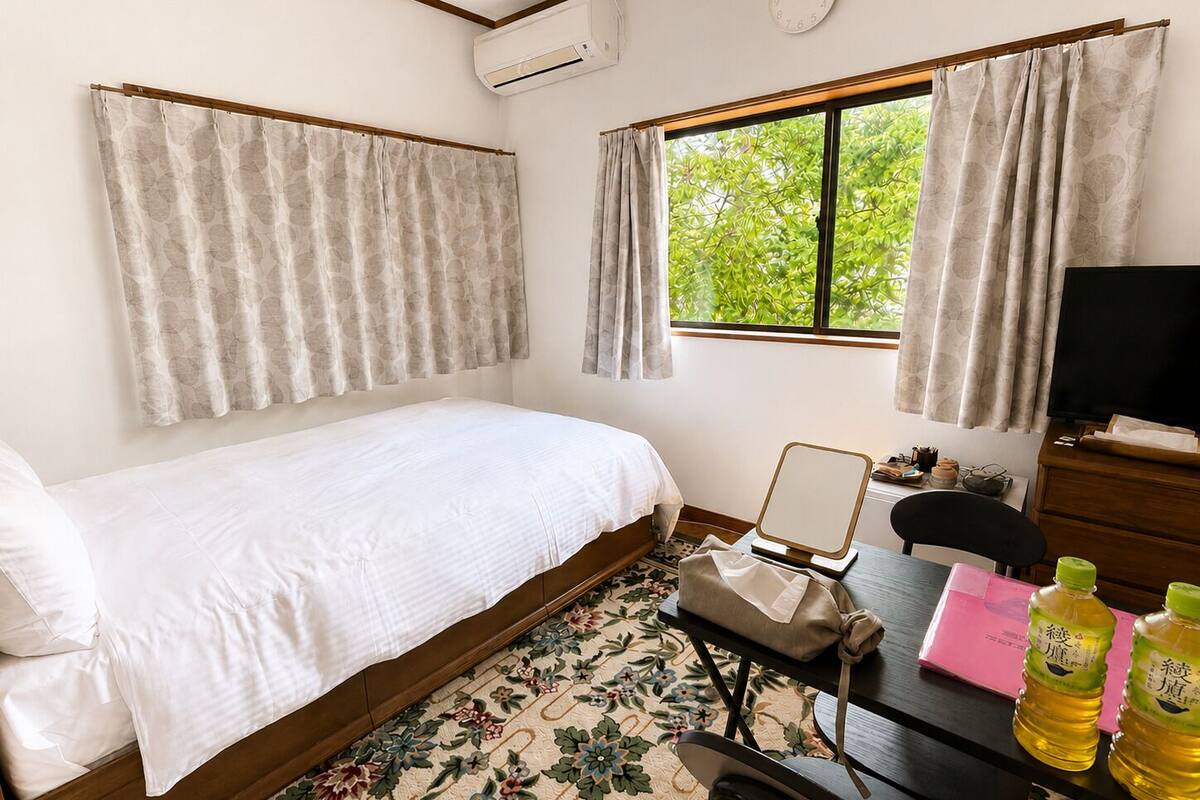Habitación de hotel con cama, escritorio con silla, televisor y ventana con cortinas.