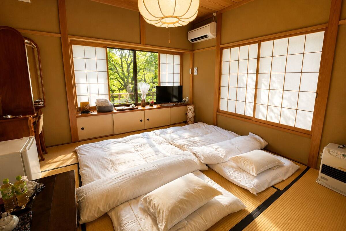 Una habitación tradicional japonesa con suelo de tatami, un futón, televisión y vistas a árboles a través de biombos shoji.