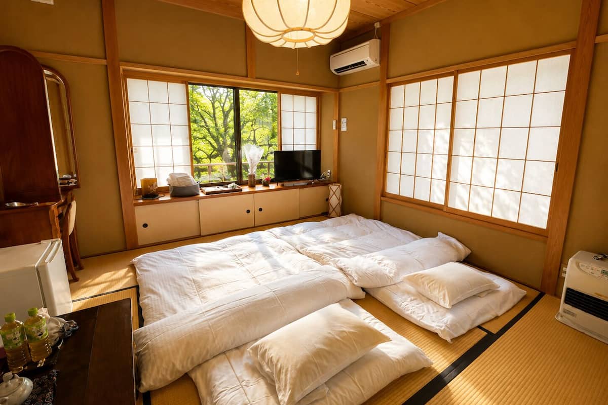 Perinteinen japanilaistyylinen huone, jossa on tatamimatto, futon-patja, televisio ja näkymä puille shoji-paneelien läpi.