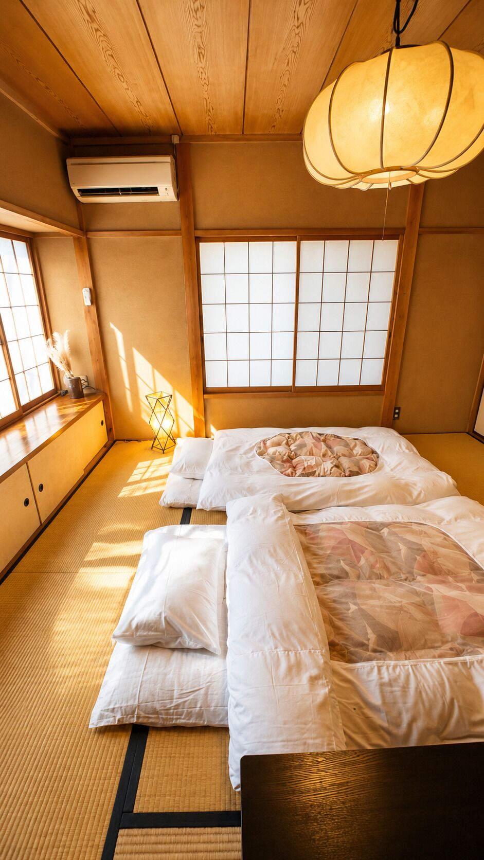 A traditional Japanese room with tatami flooring, a futon bed, shoji screens, and a hanging light fixture.