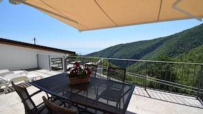 A balcony with a table and chairs, a potted plant, and a view of a forested valley. - Villa Betina - Apartman Ambienta by Villas Guide (Lovran)