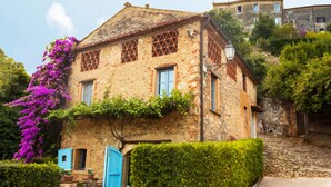 A stone building with a steep roof, a blue door, and a small window. - Cottage with garden cave in the hills of Pietrasanta (Monteggiori)