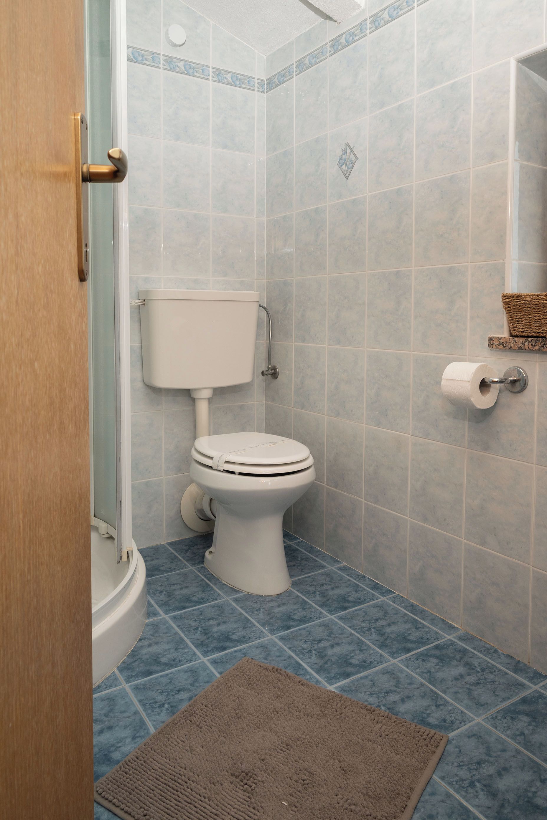 A bathroom with a toilet, a shower, and a blue-tiled floor.