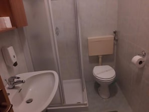 A bathroom with a shower, toilet, and sink.