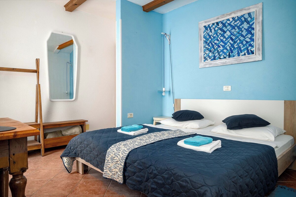 Una habitación con dos camas, un escritorio de madera, un espejo y una ducha.