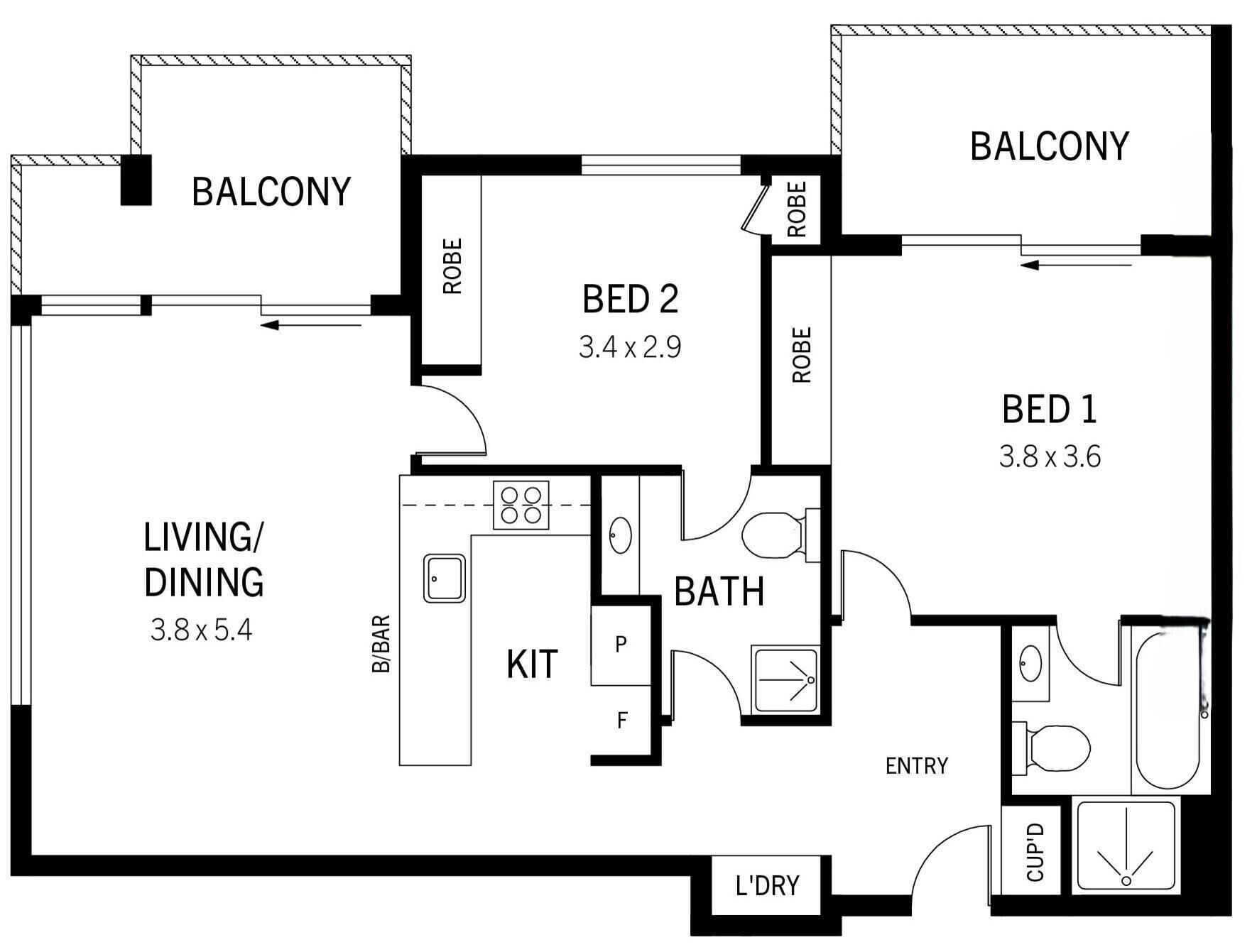 A floor plan with two bedrooms, a living/dining area, a kitchen, a bathroom, and two balconies.