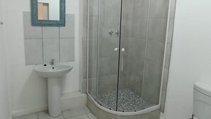 Une salle de bain avec une douche à parois de verre, un lavabo sur colonne et des toilettes.