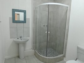 Un baño con ducha de vidrio, lavamanos pedestal y retrete.