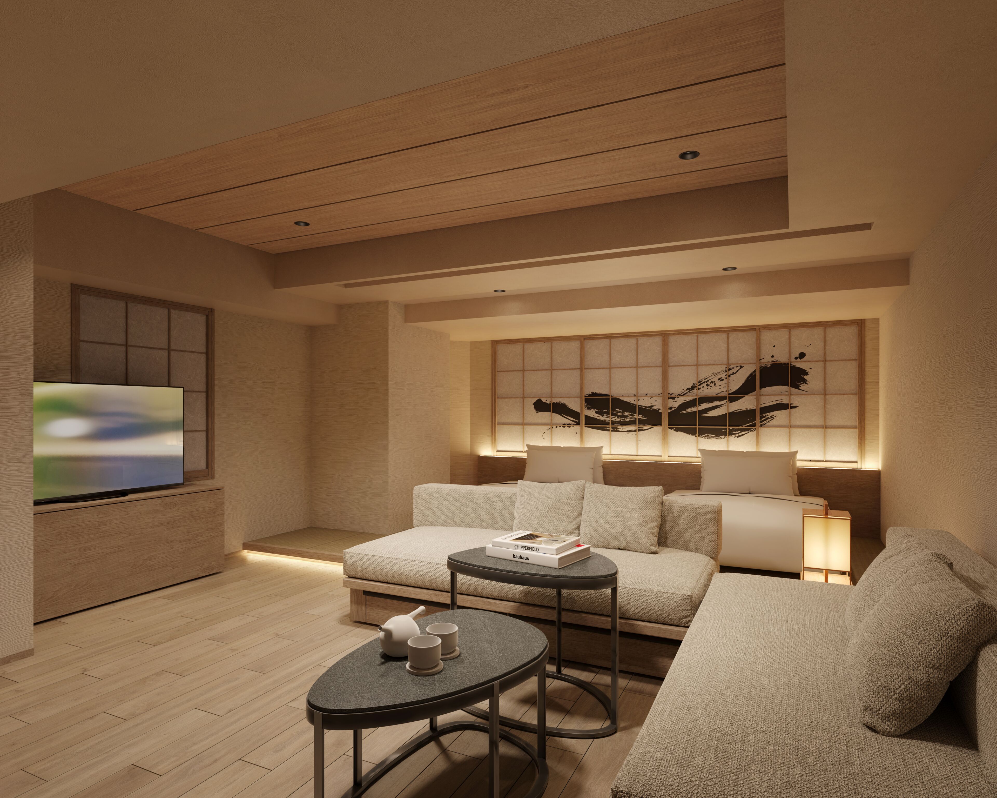 Ein modernes Wohnzimmer mit einer Couch, einem Couchtisch und einem Fernseher.