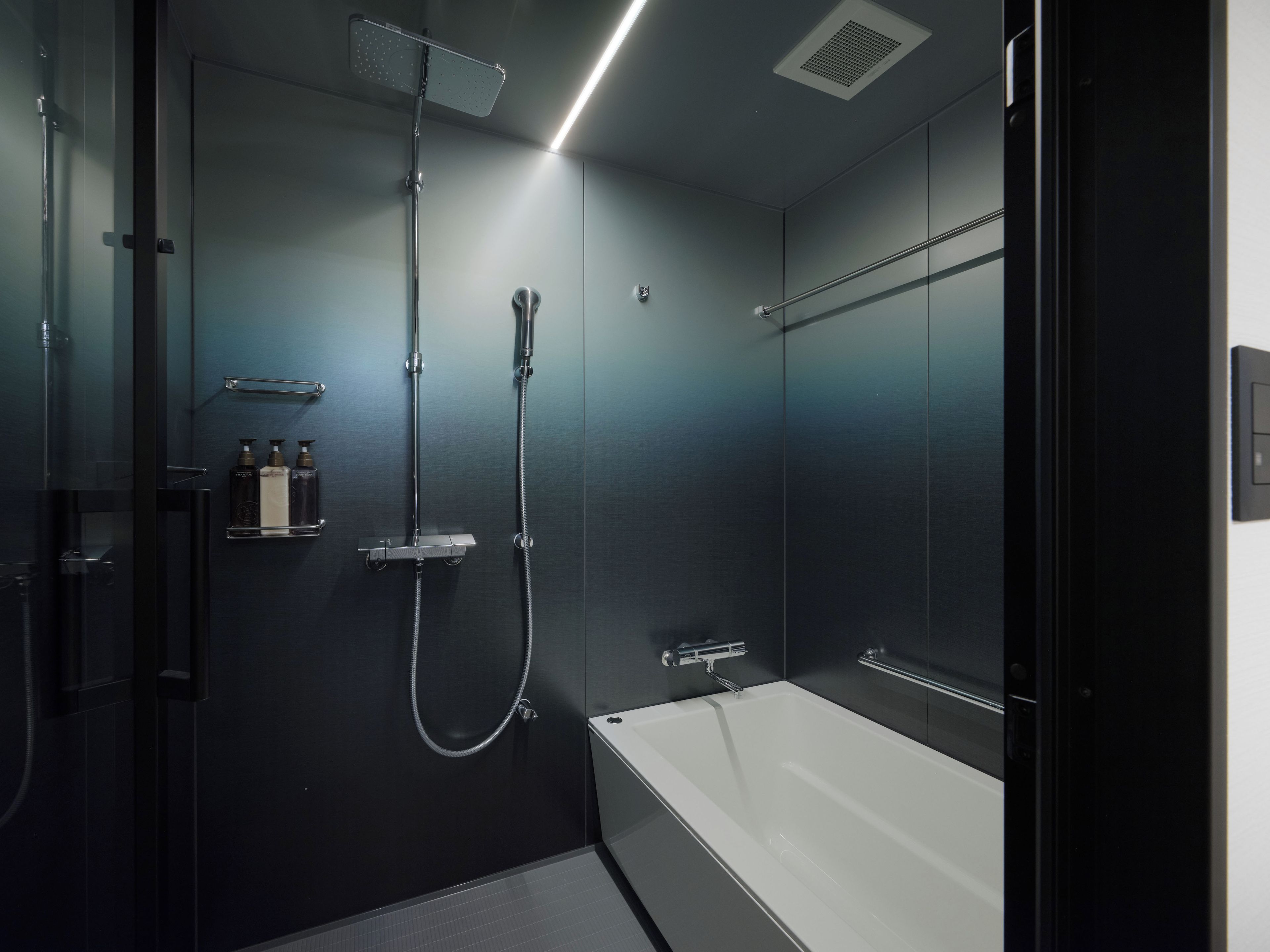 A modern bathroom with a bathtub, a shower, and a glass-enclosed shower area.