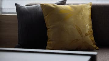 A sofa with two cushions, one with a leaf pattern and the other plain.