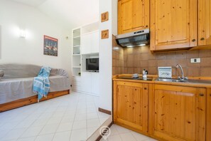 Een knus woongedeelte met een kitchenette, een bank en een televisie.