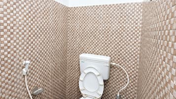 Shower, rainfall showerhead, slippers, towels