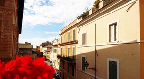A narrow street with buildings on both sides, a clear sky, and a red flower in the foreground. - Torre Tolomei Trastevere (Rome)