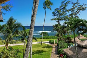 A tropical resort with a pathway leading to a beach, palm trees, and thatched-roof structures.