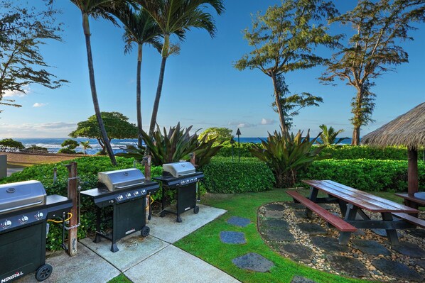 An outdoor grilling area with two grills, a picnic table, and a view of the ocean.