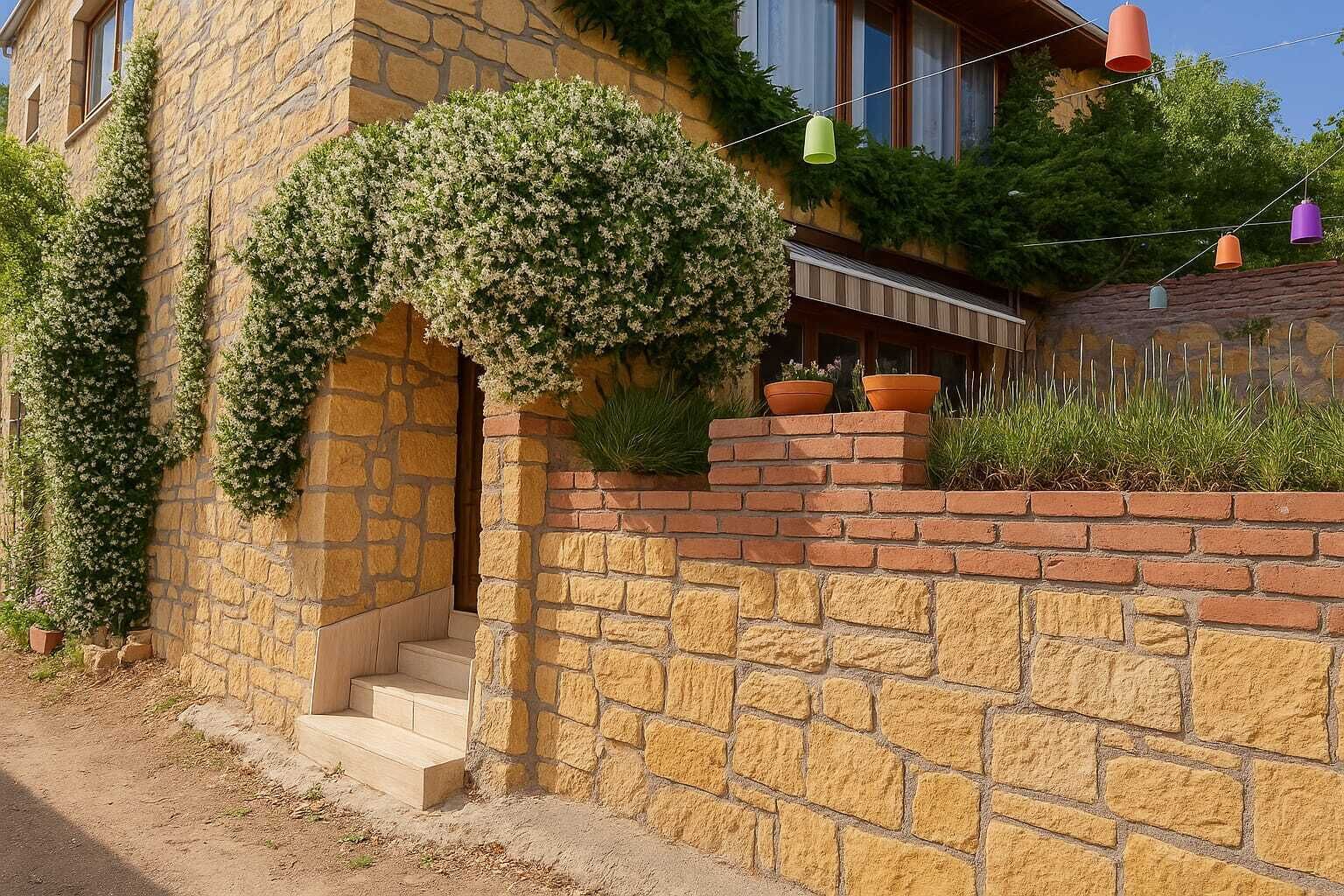 A stone building with a brick wall, a small staircase, and potted plants.
