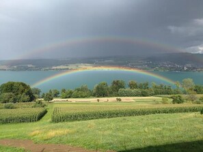 Un paysage avec un arc-en-ciel se déployant au-dessus d’une étendue d’eau, de champs et d’arbres.