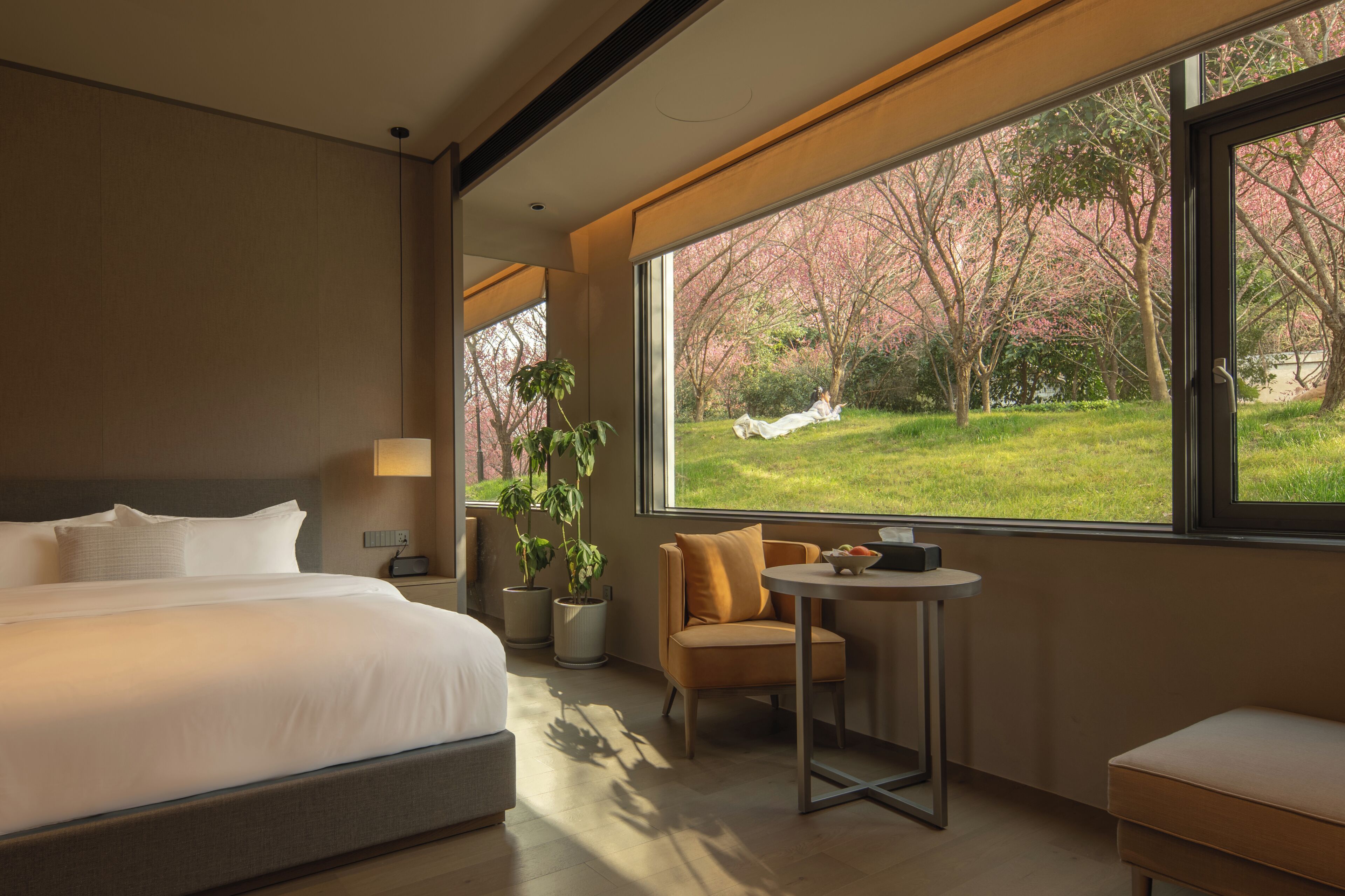 Habitación de hotel con una cama grande, una mesita pequeña, una silla y vistas a los árboles de cerezo.