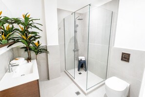 Une salle de bain moderne avec une douche à parois de verre, un lavabo blanc et des toilettes.