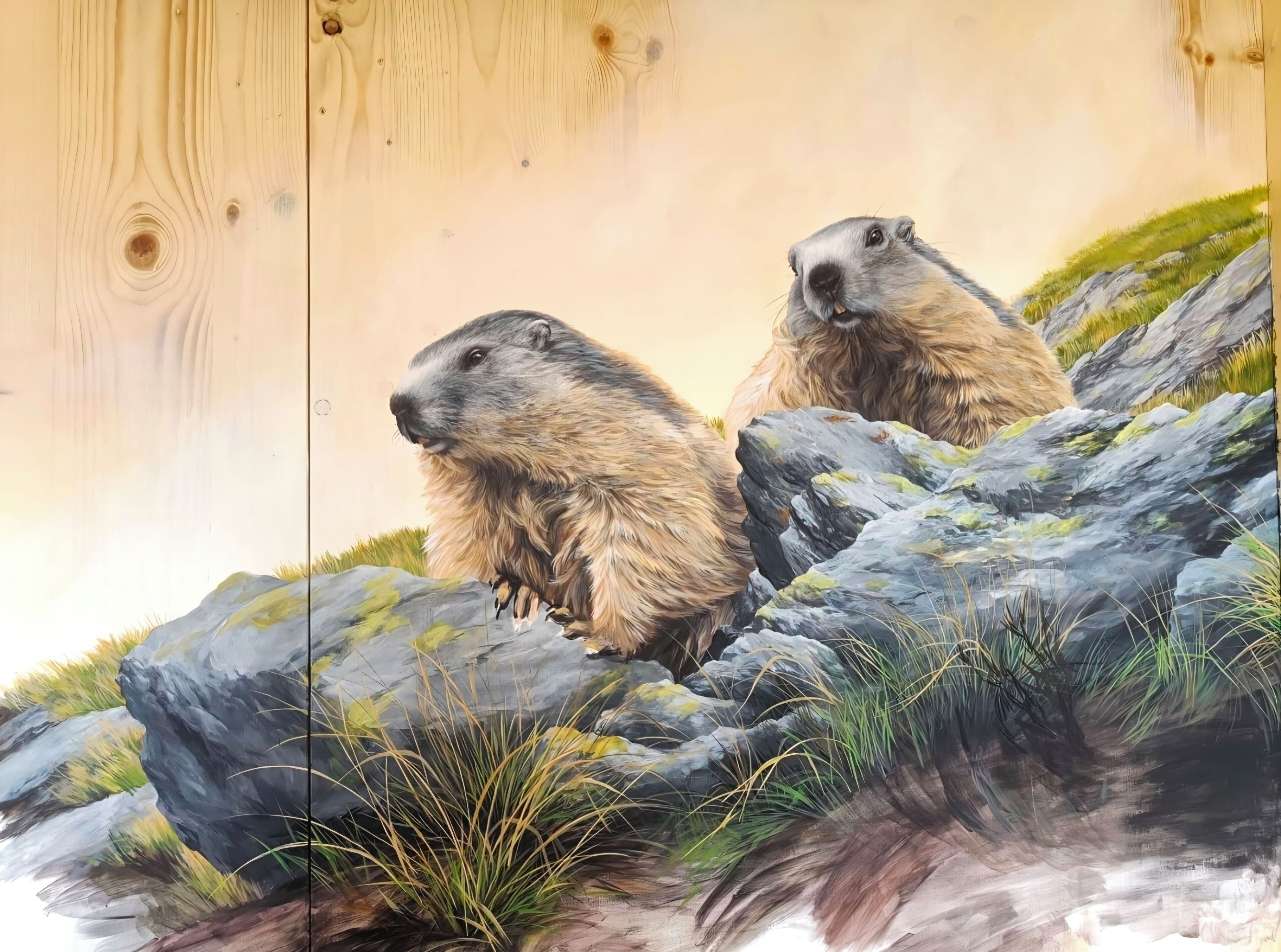 Un tableau représentant deux marmottes sur des rochers, avec de l’herbe et un fond en bois.