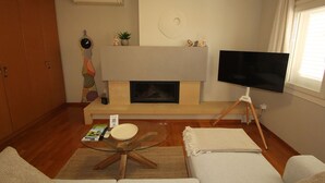 A living room with a fireplace, a television on a tripod, a sofa, a coffee table, and a bookshelf. - Dafne by Frangki (Aegina)