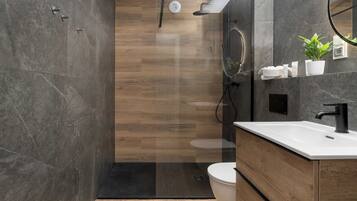Shower, hair dryer, towels, shampoo