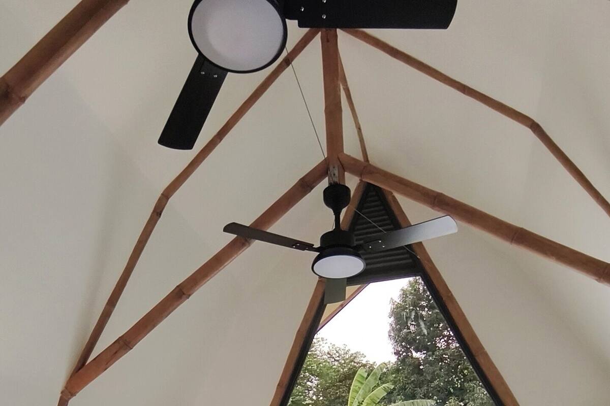 A tent-style room with a bed, ceiling fan, and a view of the outside.