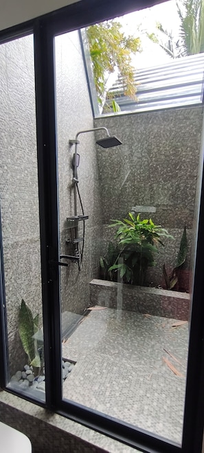 Zona de ducha con mampara de vidrio, ducha de lluvia, paredes con azulejos y plantas en macetas.