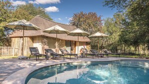A pool area with lounge chairs and umbrellas, a thatched-roof building, and a wooden fence.