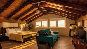 Ein geräumiger Raum mit hoher Decke, einem Bett, einer Couch, einem Fernseher und einem Fenster mit Blick.